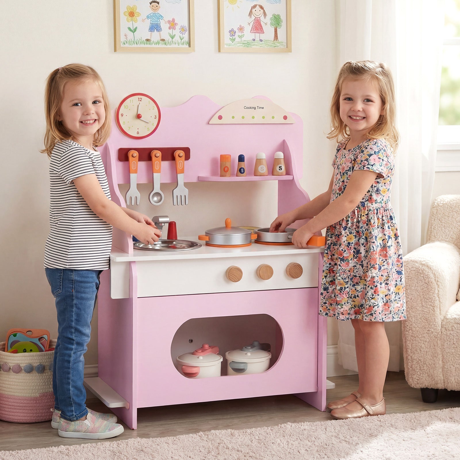 Pretend Play Toy Kitchen Set with Clock Stove Spice Rack-Pink