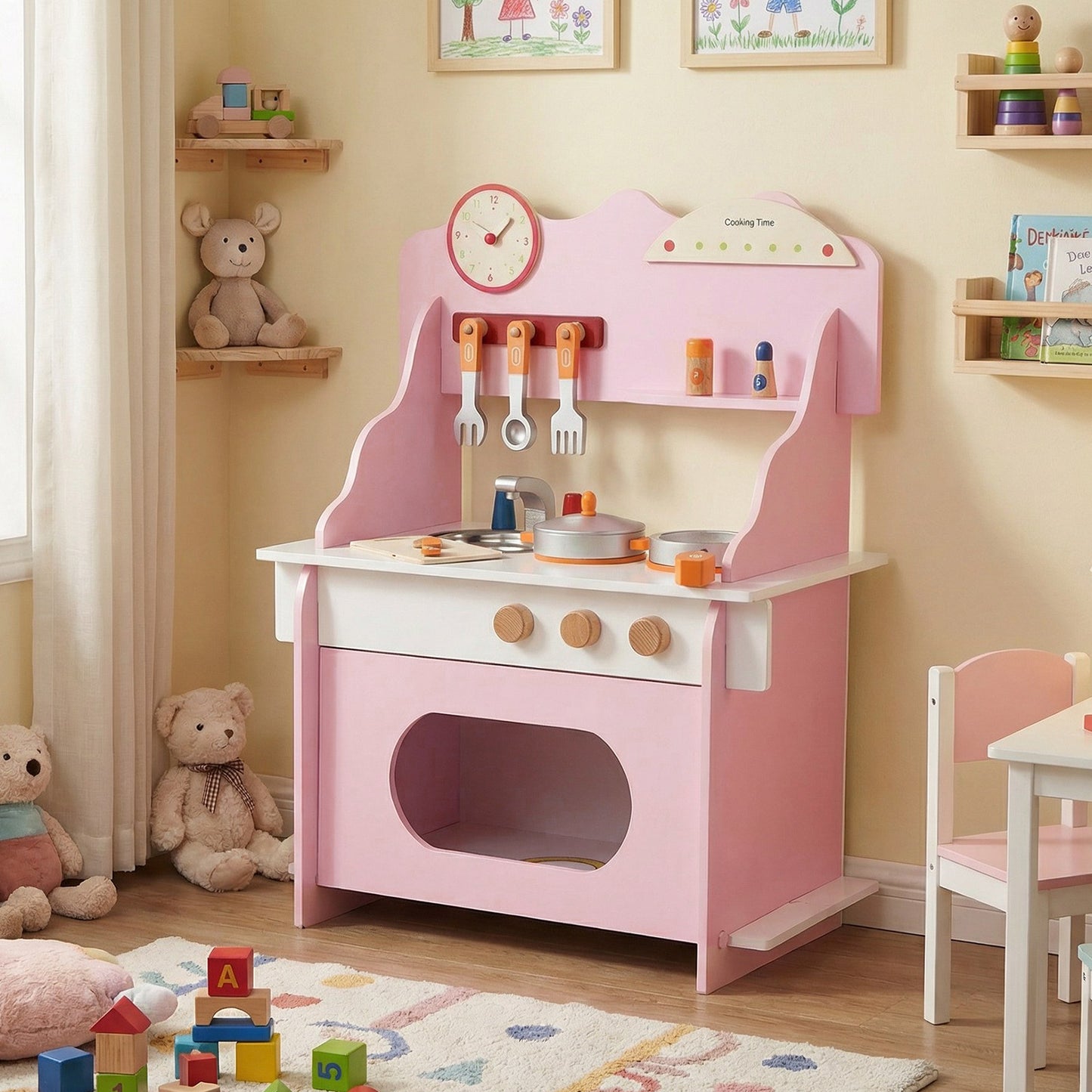 Pretend Play Toy Kitchen Set with Clock Stove Spice Rack-Pink