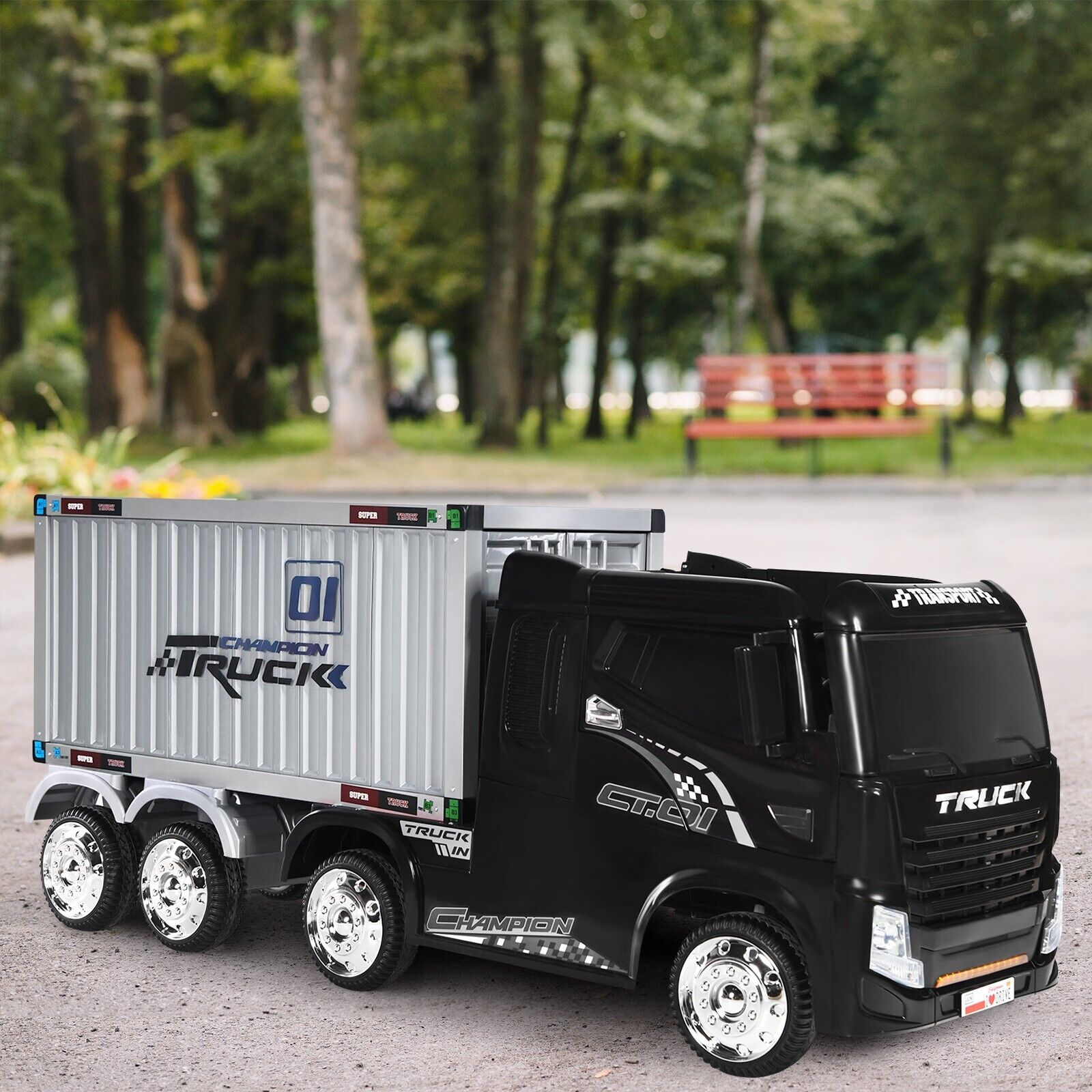 12V Ride-On Semi-Truck with Container for Kids of 3-8 Year Old-Black