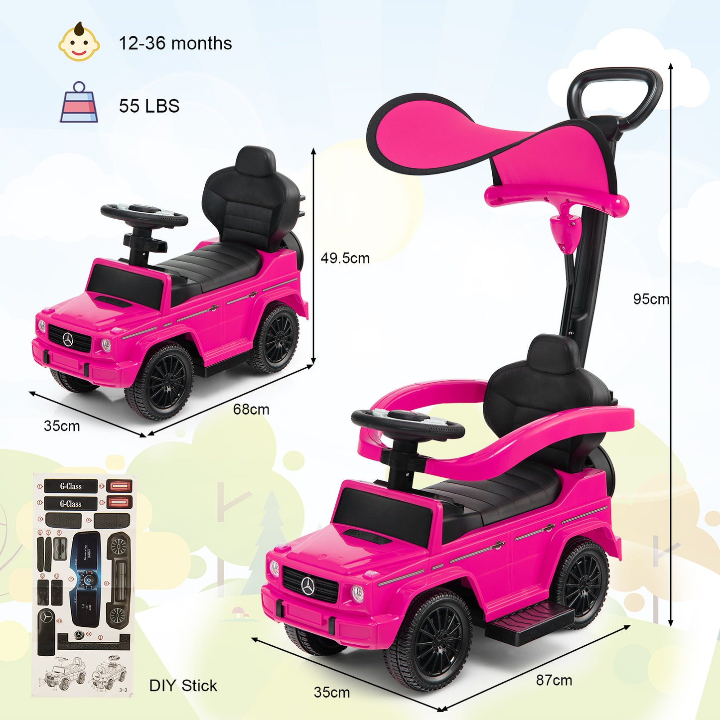 3-in-1 Baby Foot-to Floor Sliding Walker with Push Handle-Pink
