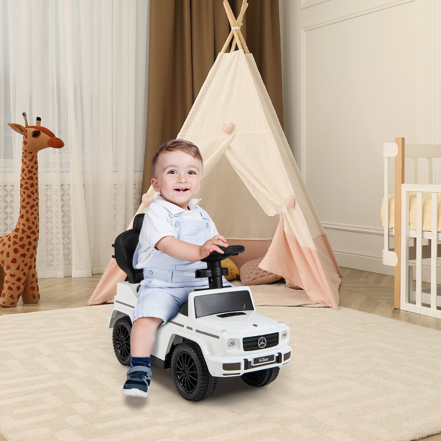 3-in-1 Baby Foot-to Floor Sliding Walker with Push Handle-White