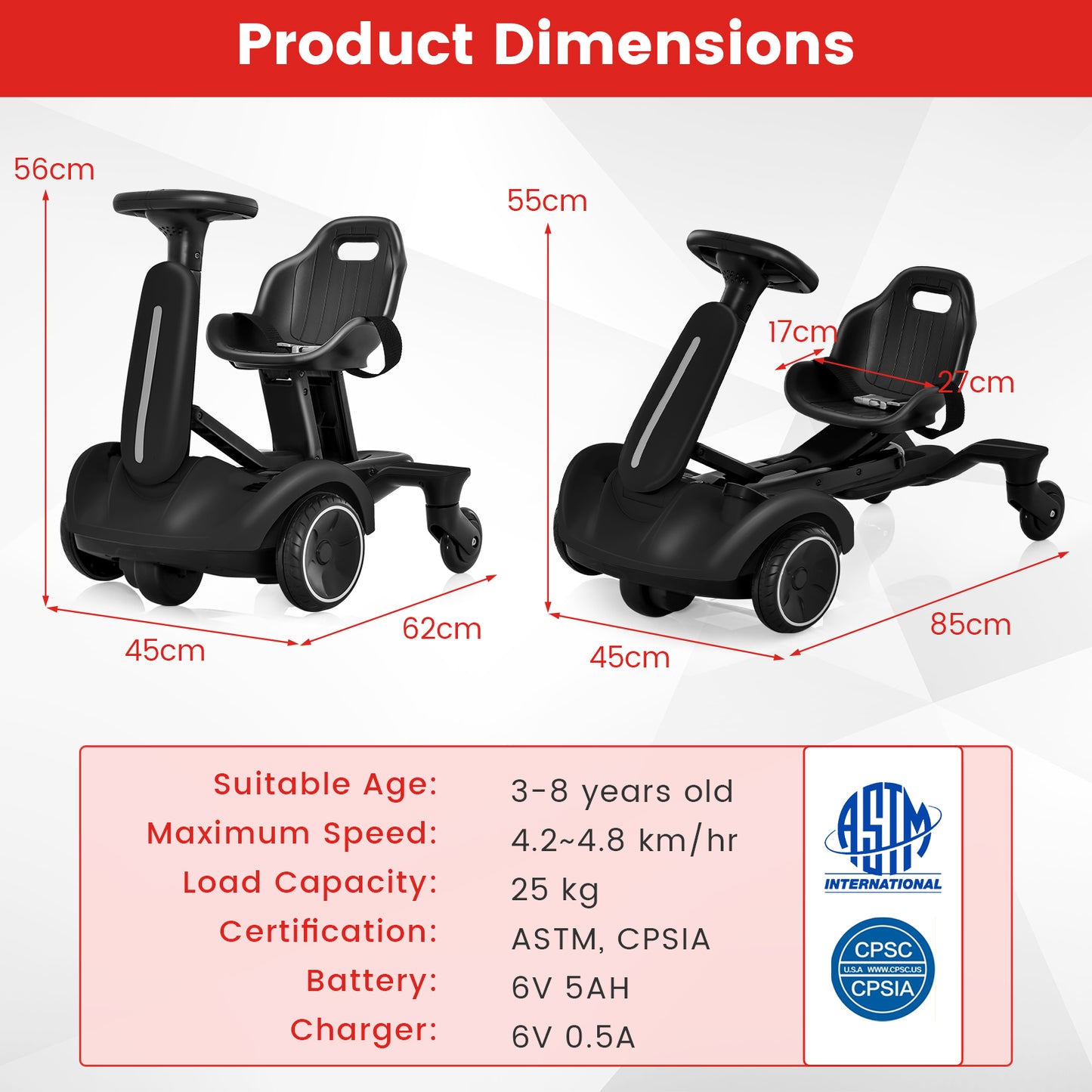 6V Electric Ride on Drift Car for Kids Aged 3-8 Years Old-Black