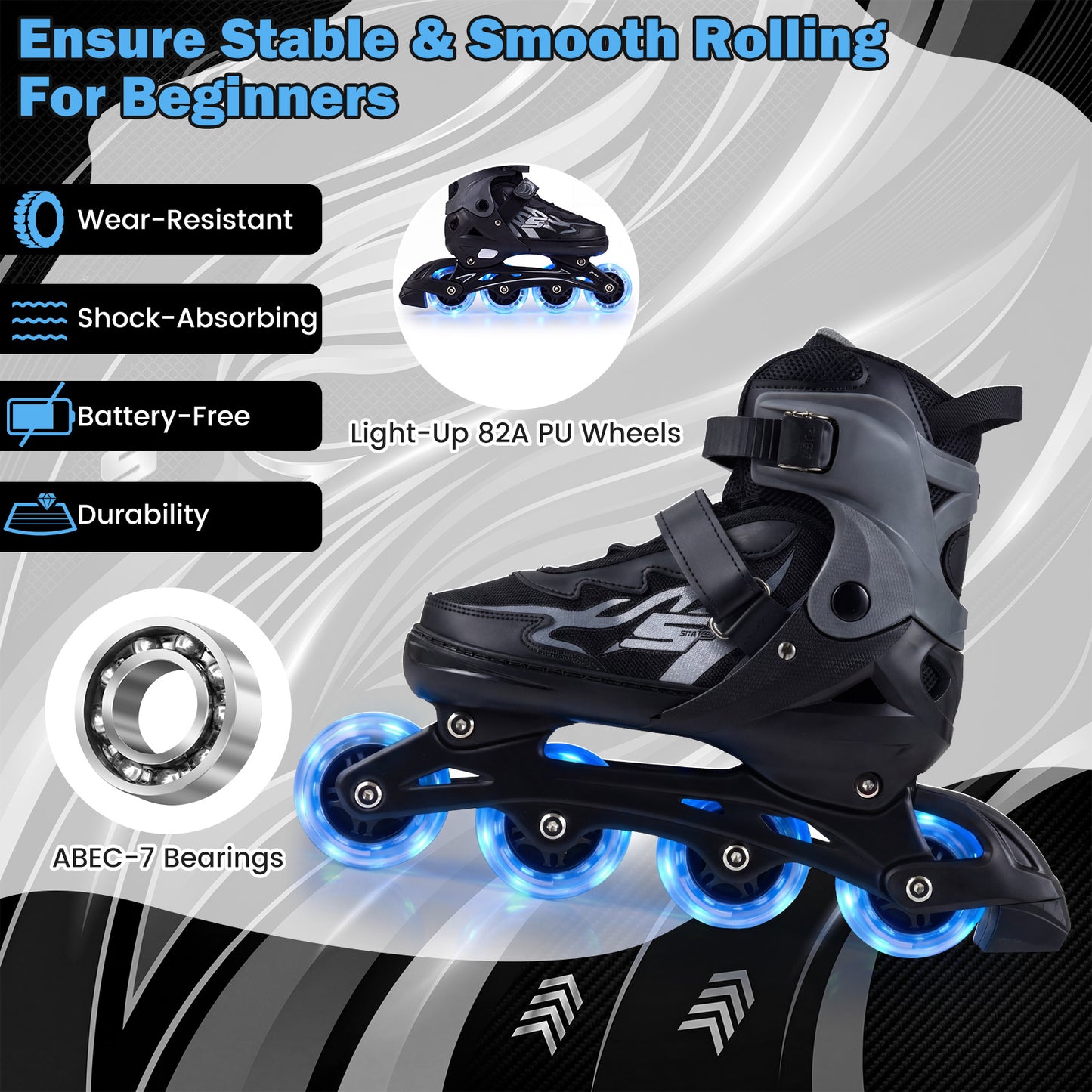 Kids Inline Skates 4 Sizes Adjustable Light-Up Roller Skates for Boys and Girls Ages 7-9-Grey