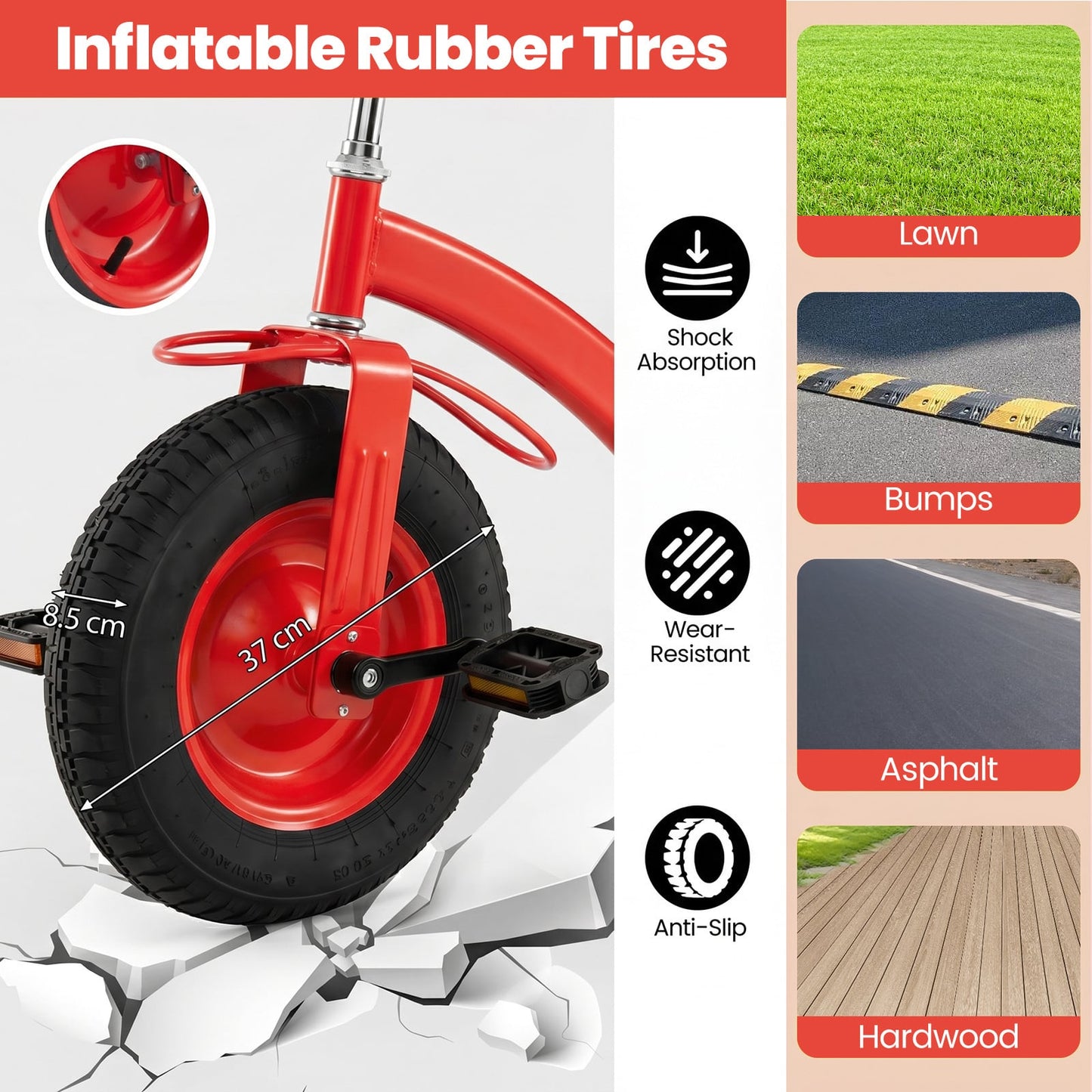 Kids Tricycle with Storage Basket and Inflatable Tires for Boys Girls Ages 3+-Red