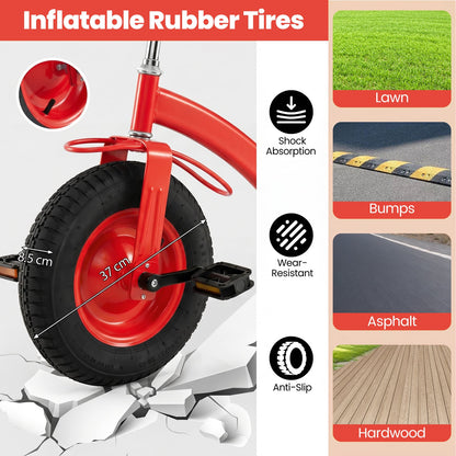 Kids Tricycle with Storage Basket and Inflatable Tires for Boys Girls Ages 3+-Red