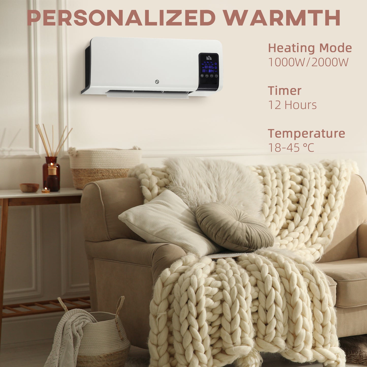 HOMCOM 2000W Wall-Mounted Heater, 18-45Â°C Temperature, White