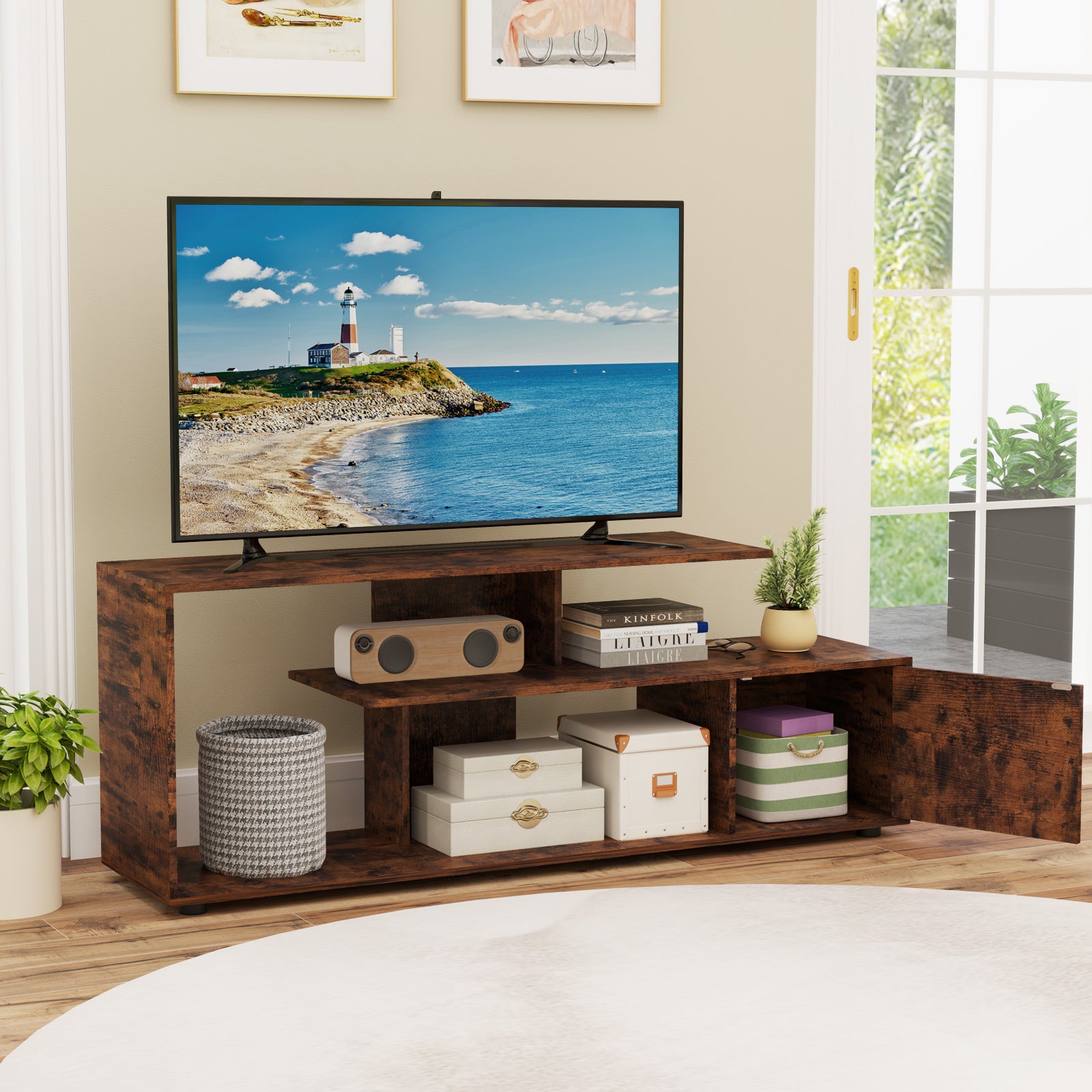 3-Tier Asymmetrical Media Console Table with Storage Shelves and Cabinet-Rustic Brown