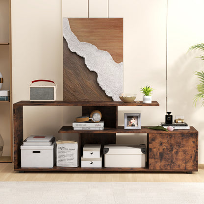 3-Tier Asymmetrical Media Console Table with Storage Shelves and Cabinet-Rustic Brown