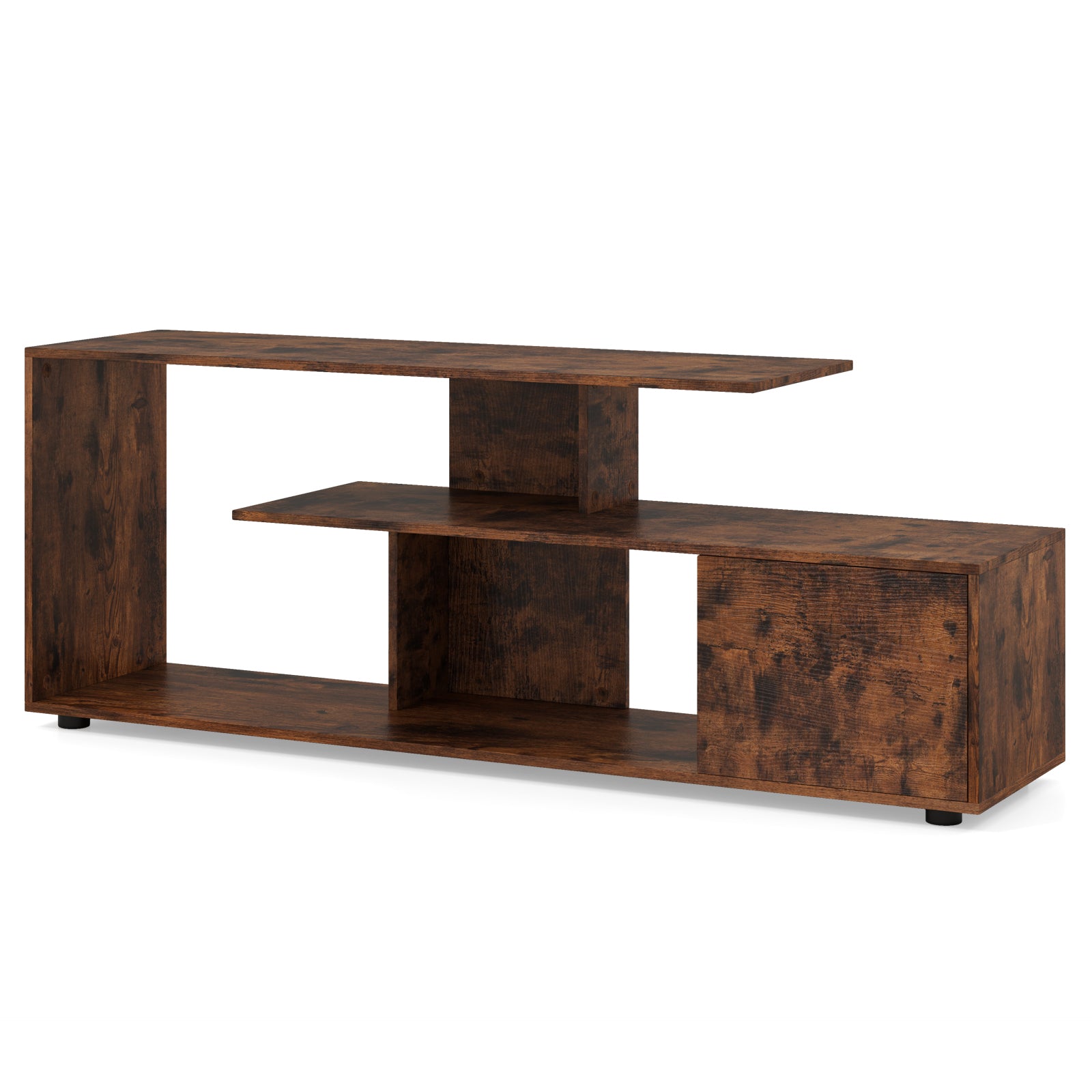 3-Tier Asymmetrical Media Console Table with Storage Shelves and Cabinet-Rustic Brown