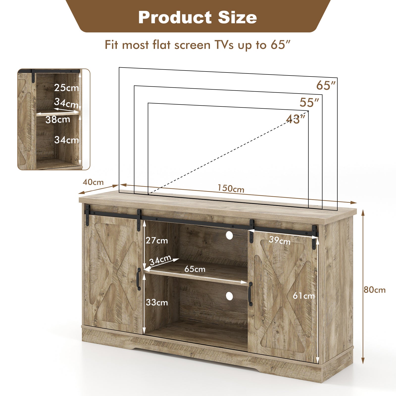 TV Stand with Adjustable Shelves for TVs up to 65 Inches-Grey