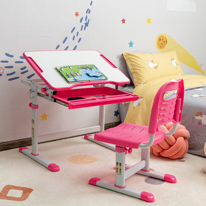 Height Adjustable Kids Study Table and Chair Set with Tilting Tabletop-Pink