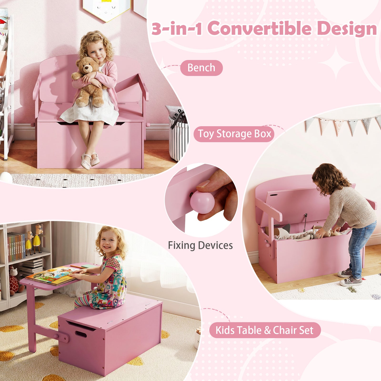 3-in-1 Kids Table and Chair Set with Toy Storage Box-Pink