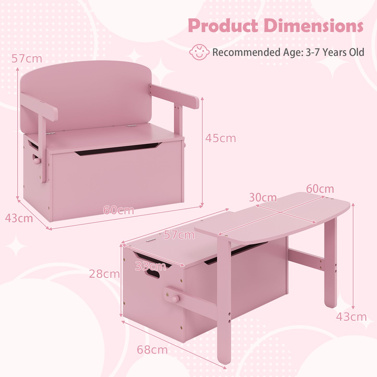 3-in-1 Kids Table and Chair Set with Toy Storage Box-Pink