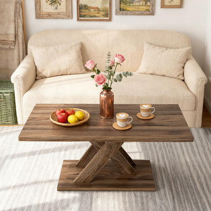 95CM Coffee Table with Stable Base and Rubber Wood Connection-Rustic Brown