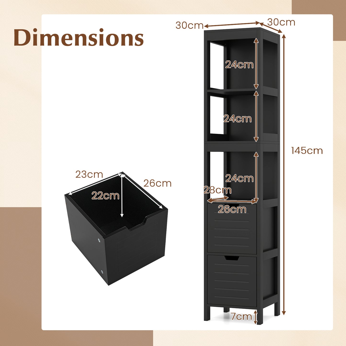 Tall Bath Storage Unit with 2 Deep Box Drawers-Black