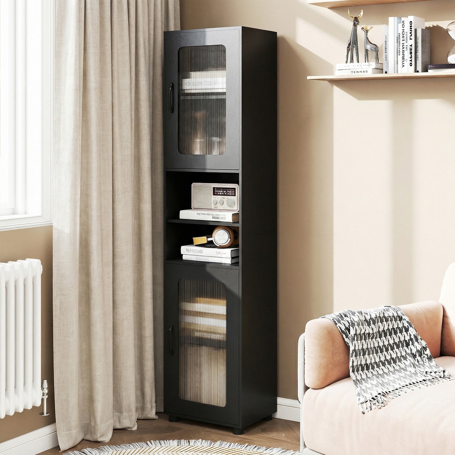 Tall Bathroom Storage Cabinet with Adjustable Shelf for Laundry-Black