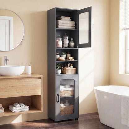 Tall Bathroom Storage Cabinet with Adjustable Shelf for Laundry-Grey