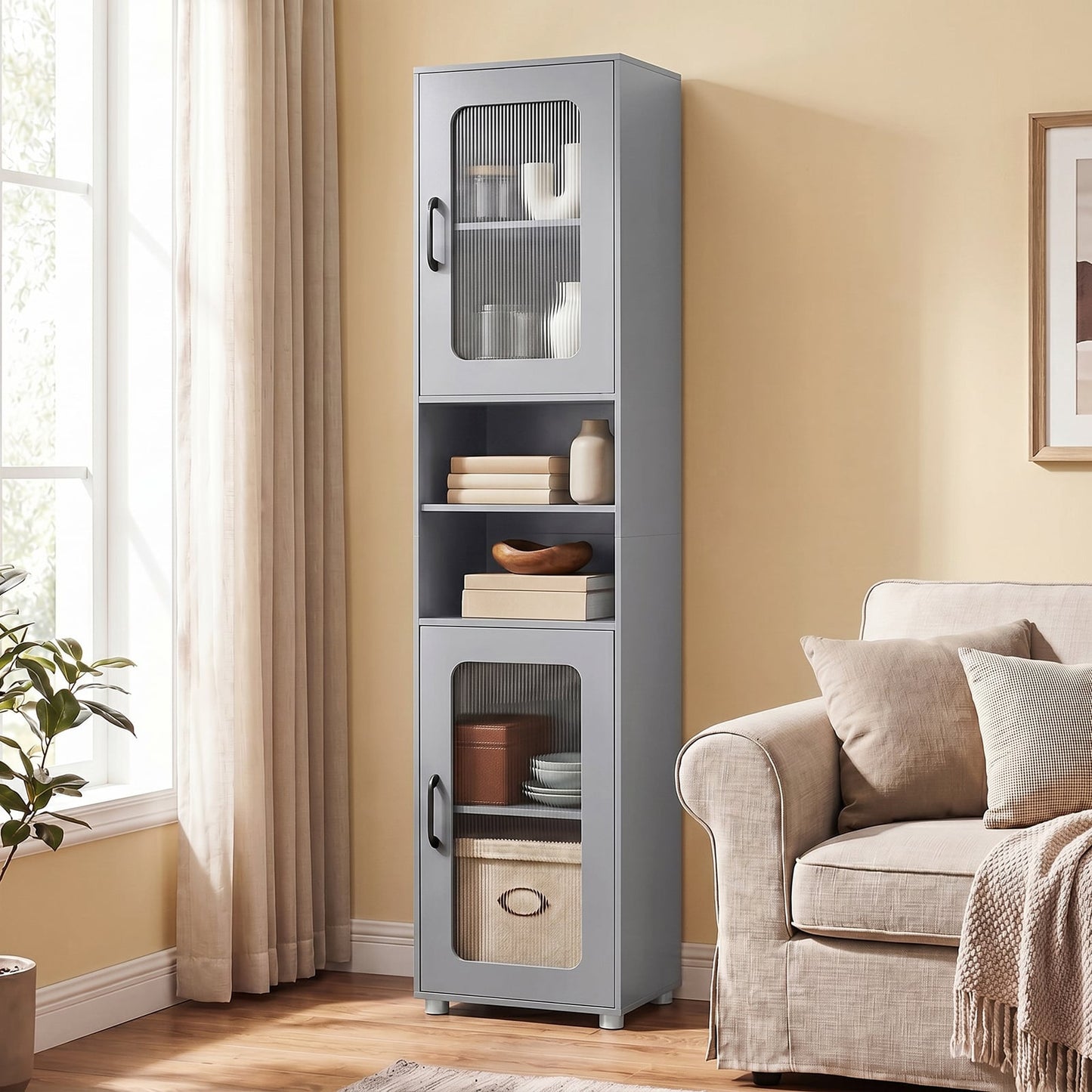 Tall Bathroom Storage Cabinet with Adjustable Shelf for Laundry-Grey