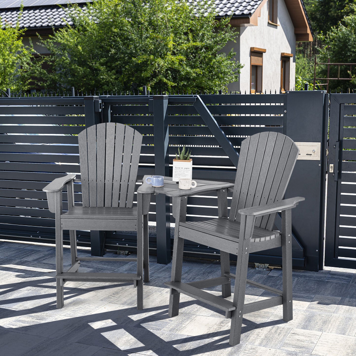 Tall Adirondack Chair Set of 2 with Middle Connecting Tray-Grey