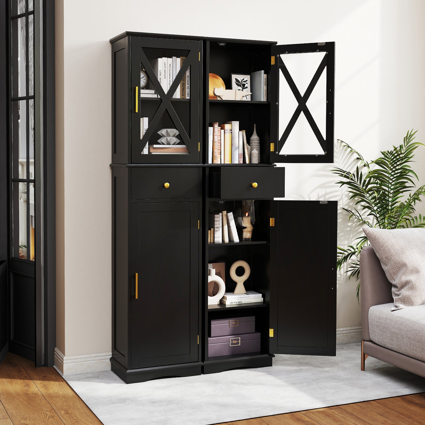 Tall Bathroom Cabinet with Drawer 2 Doors and 3 Adjustable Shelves-Black