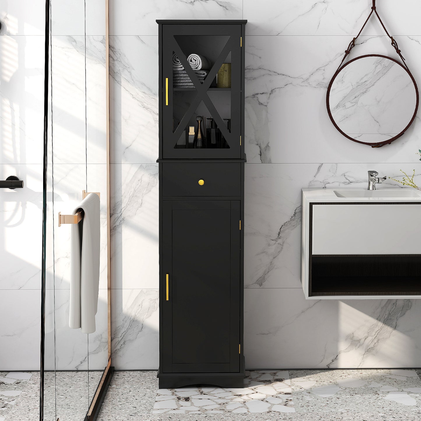 Tall Bathroom Cabinet with Drawer 2 Doors and 3 Adjustable Shelves-Black