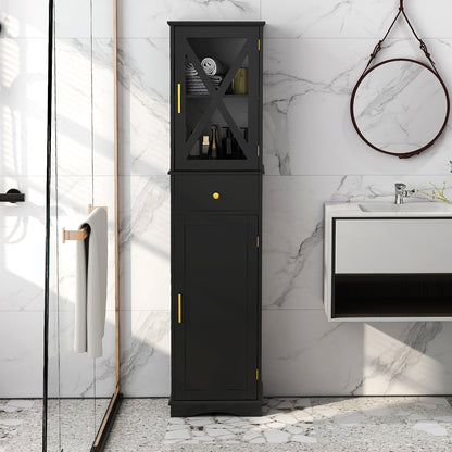 Tall Bathroom Cabinet with Drawer 2 Doors and 3 Adjustable Shelves-Black