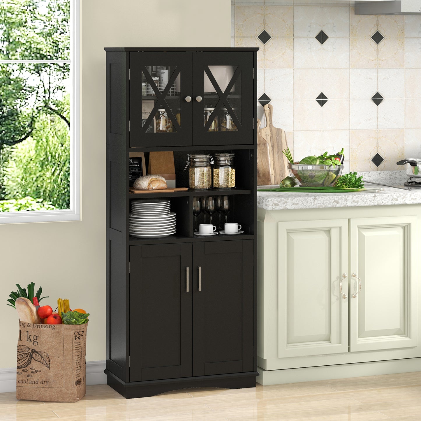 Tall Bathroom Floor Storage Cabinet with Acrylic Doors and 3 Cubes-Black