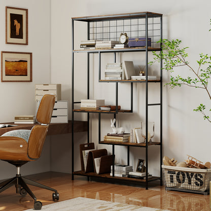 6-tier Tall Bookshelf with Metal Net for Living Room-Rustic Brown