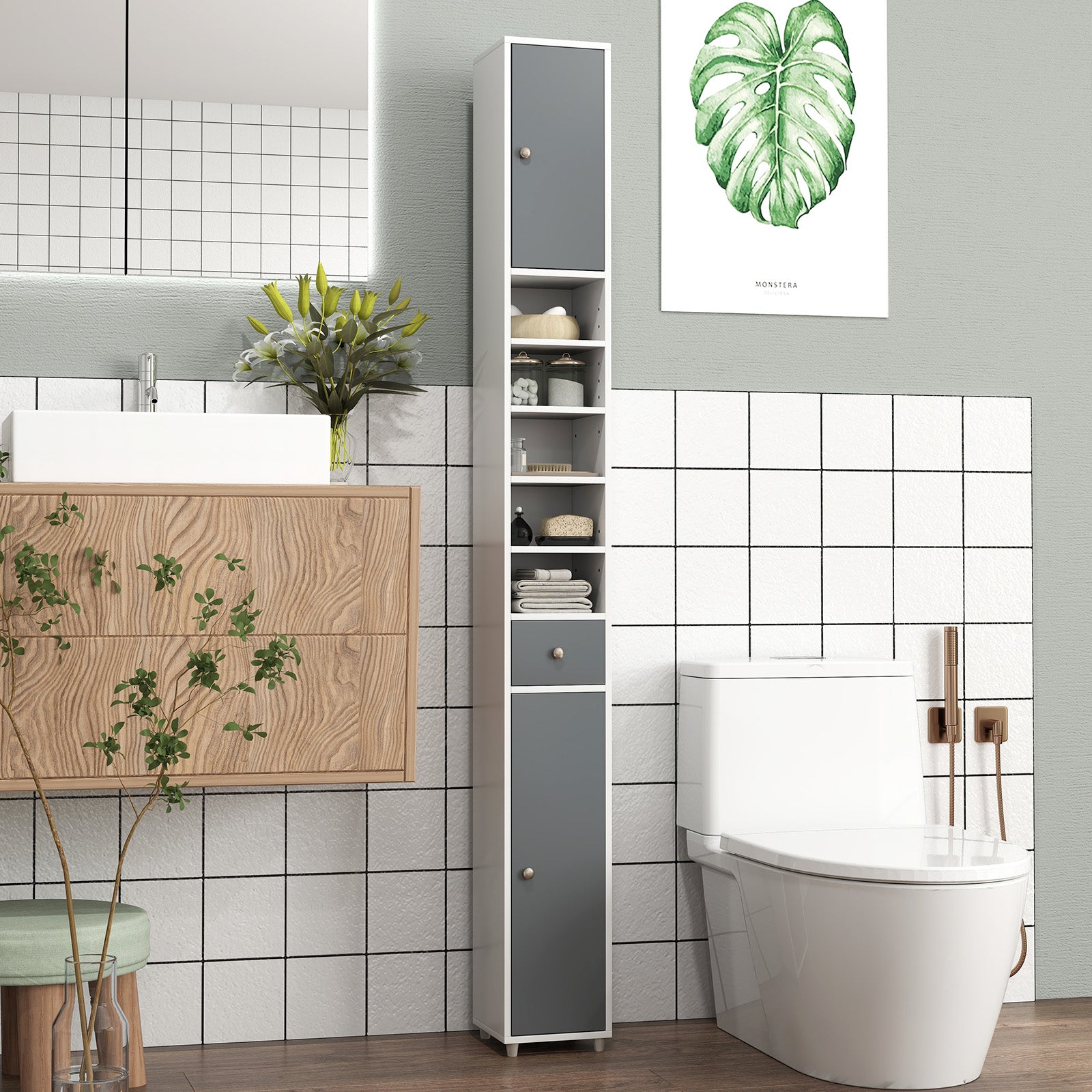 180CM Tall Freestanding Bathroom Cabinet with 2 Doors and 1 Drawer-Gray & White