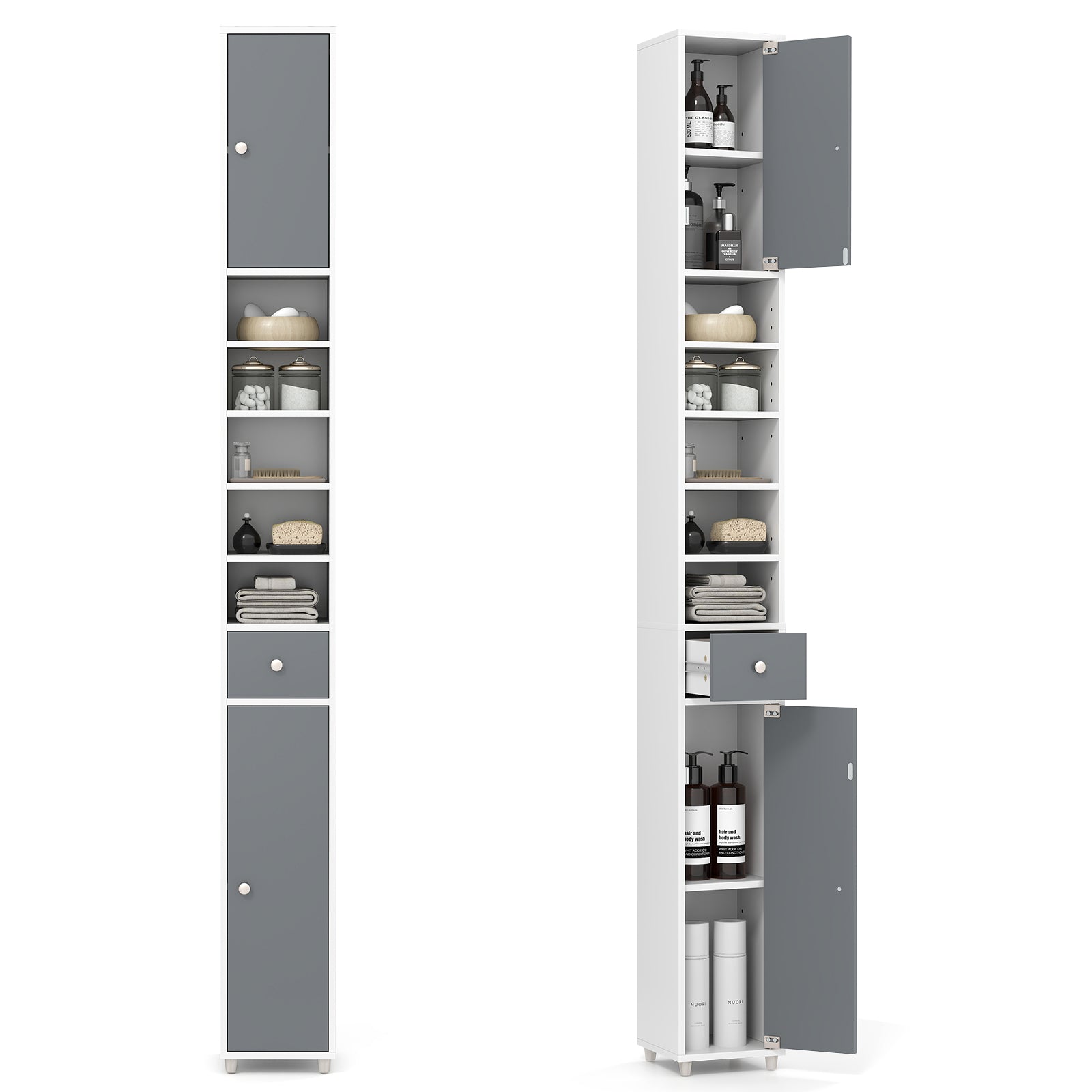 180CM Tall Freestanding Bathroom Cabinet with 2 Doors and 1 Drawer-Gray & White