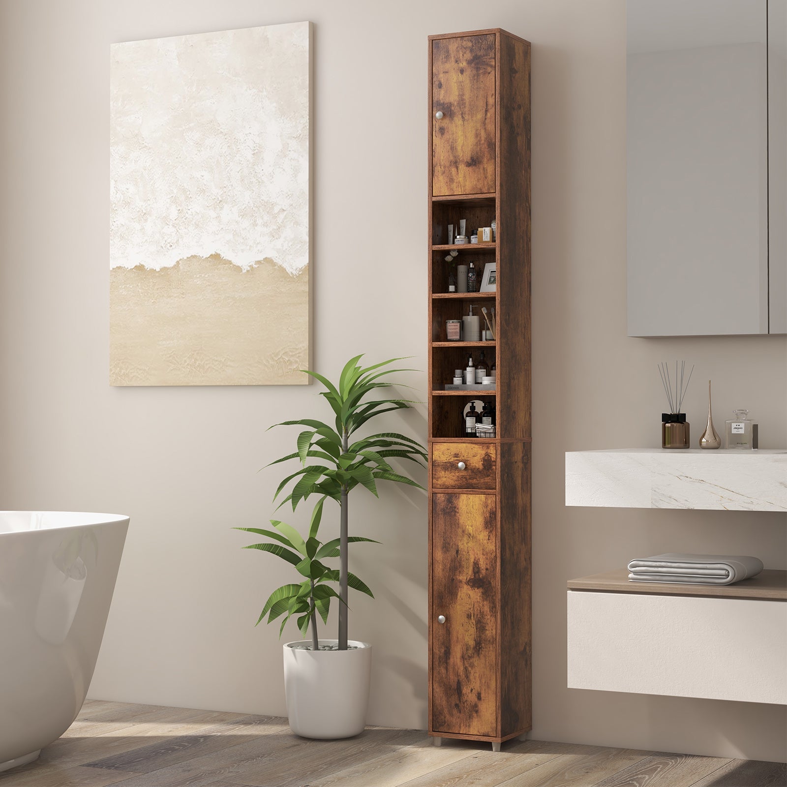180CM Tall Freestanding Bathroom Cabinet with 2 Doors and 1 Drawer-Rustic Brown