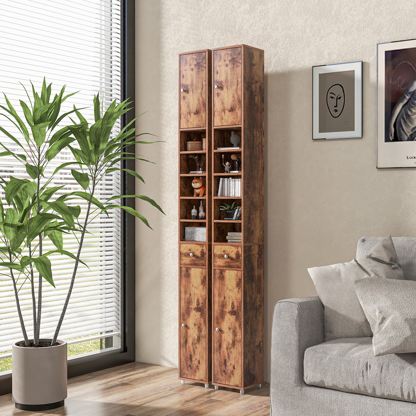 180CM Tall Freestanding Bathroom Cabinet with 2 Doors and 1 Drawer-Rustic Brown