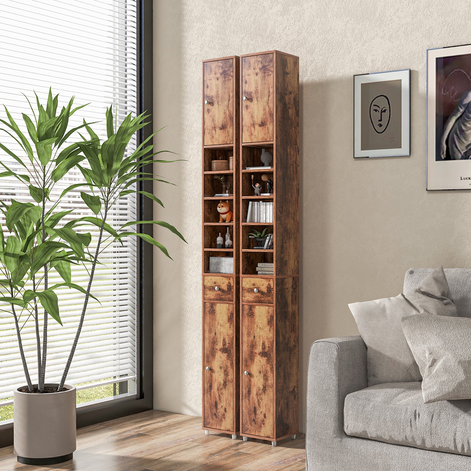 180CM Tall Freestanding Bathroom Cabinet with 2 Doors and 1 Drawer-Rustic Brown
