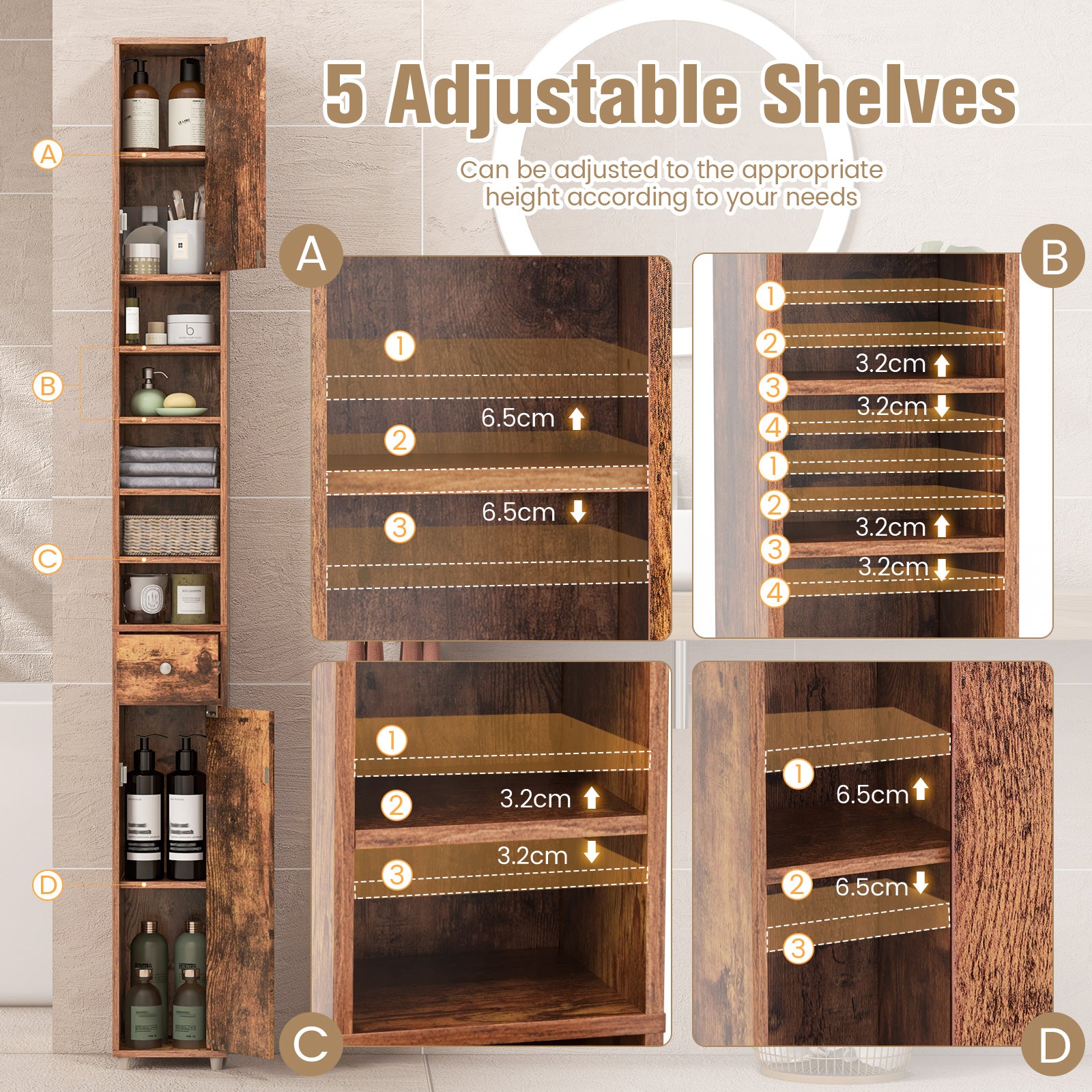 180CM Tall Freestanding Bathroom Cabinet with 2 Doors and 1 Drawer-Rustic Brown