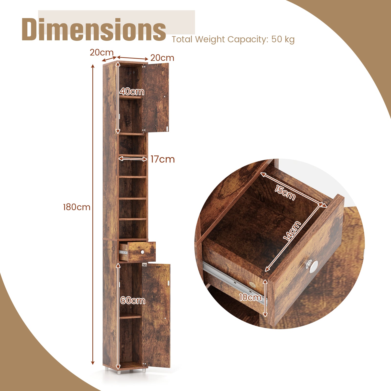 180CM Tall Freestanding Bathroom Cabinet with 2 Doors and 1 Drawer-Rustic Brown