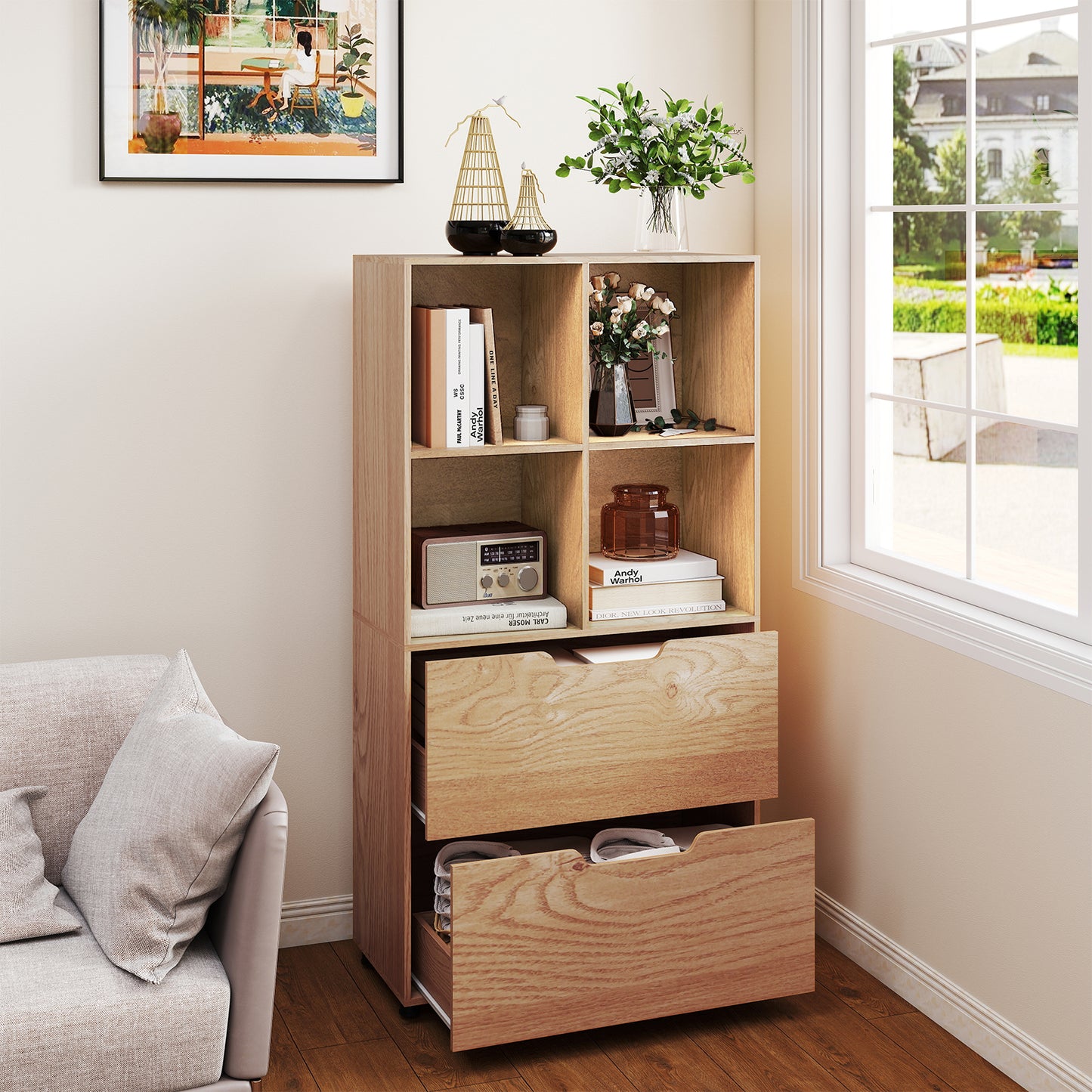 130CM 5-Tier Tall Freestanding Bookshelf for Living Room-Natural
