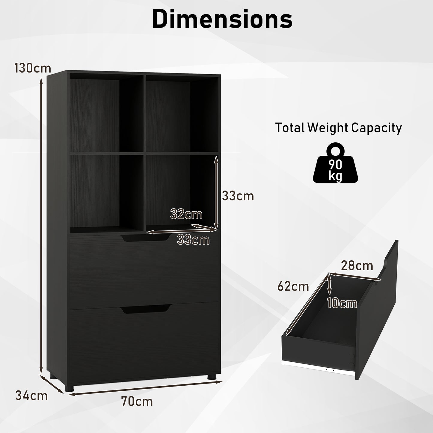 130CM 5-Tier Tall Freestanding Bookshelf for Living Room-Black