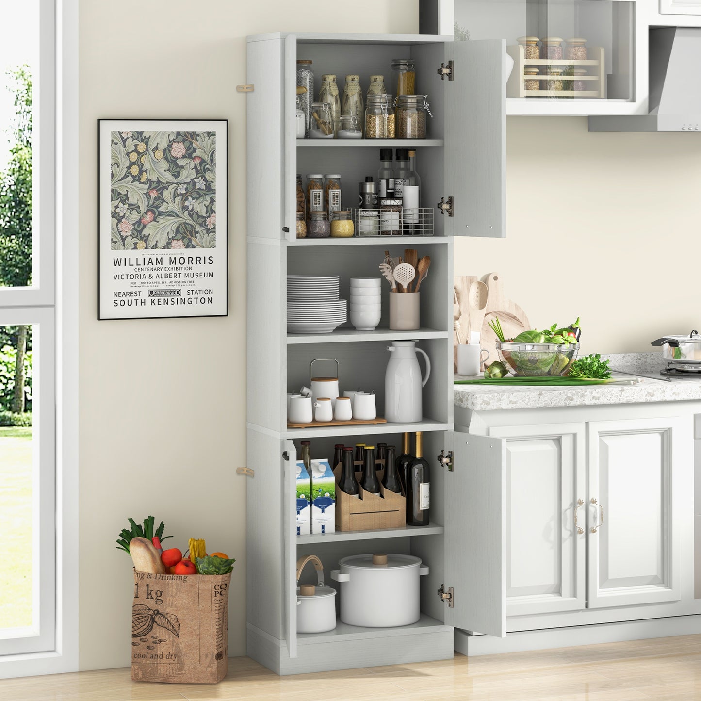 190cm Tall Freestanding Cupboard with Doors and Shelves-White Oak