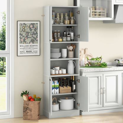 190cm Tall Freestanding Cupboard with Doors and Shelves-White Oak