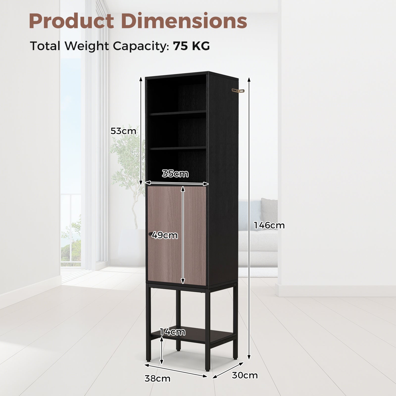 Tall Storage Cabinet with Adjustable Shelf and Bottom Storage-Black