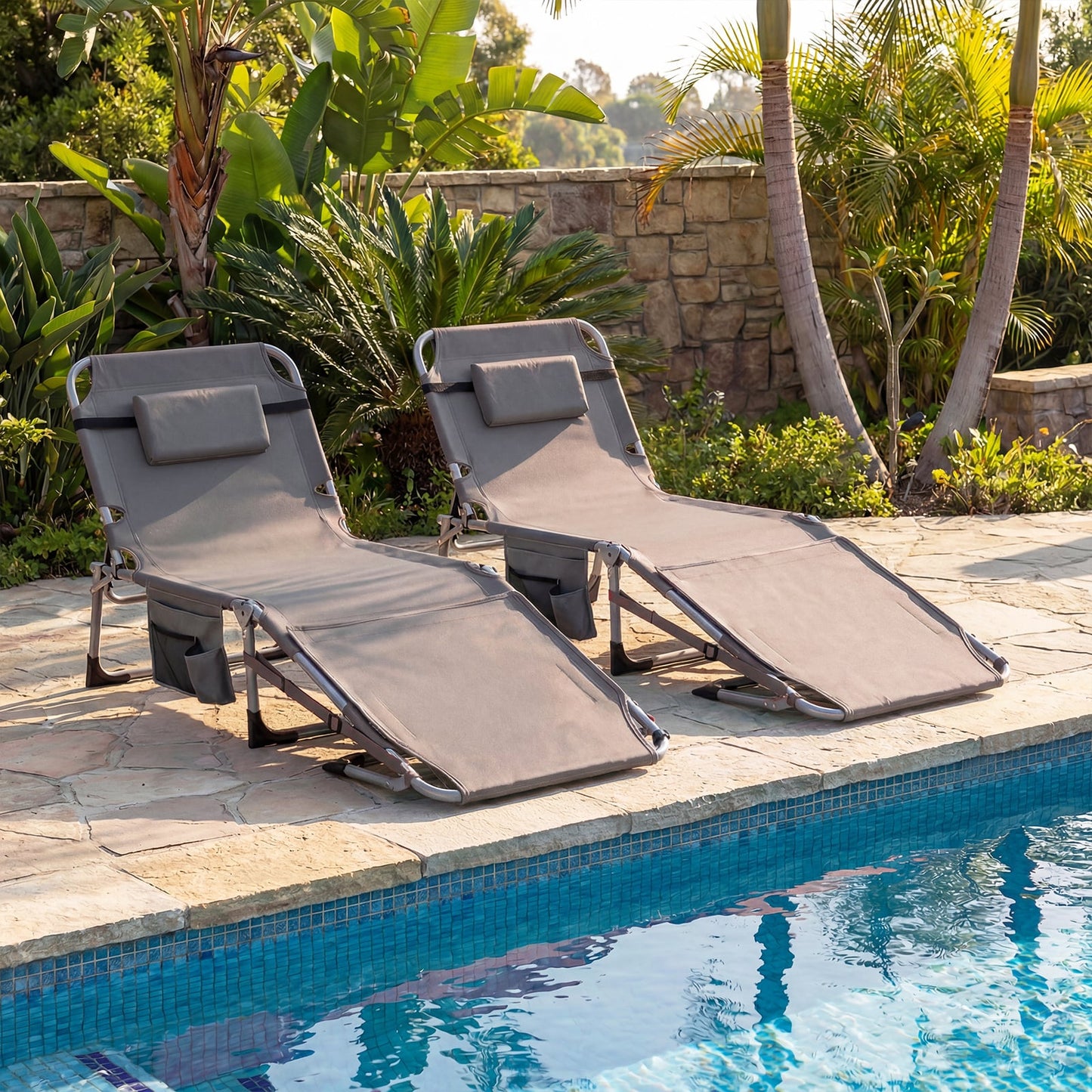 Tanning Chair with Face Arm Holes and 4-Level Backrest with Head Pillow-Grey