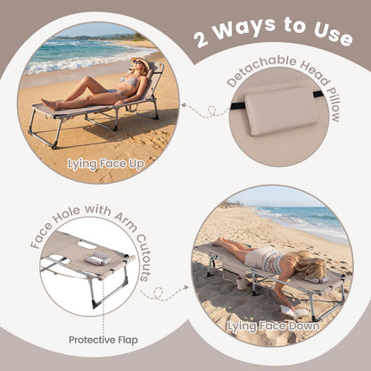 Tanning Chair with Face Arm Holes and 4-Level Backrest with Head Pillow-Sand