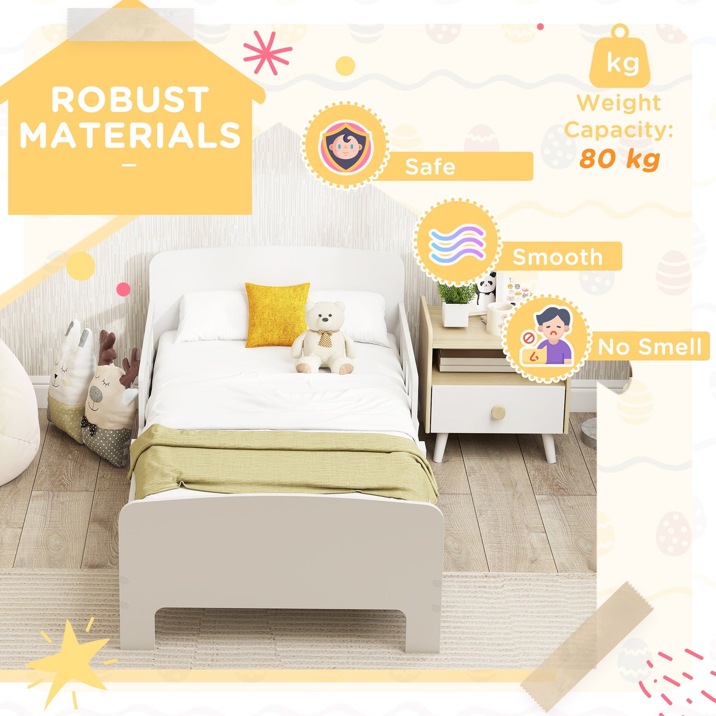 AIYAPLAY Toddler Bed, Kids Bed Frame with Safety Side Rails, Kids Bedroom Furniture for Ages 3-8 Years, White