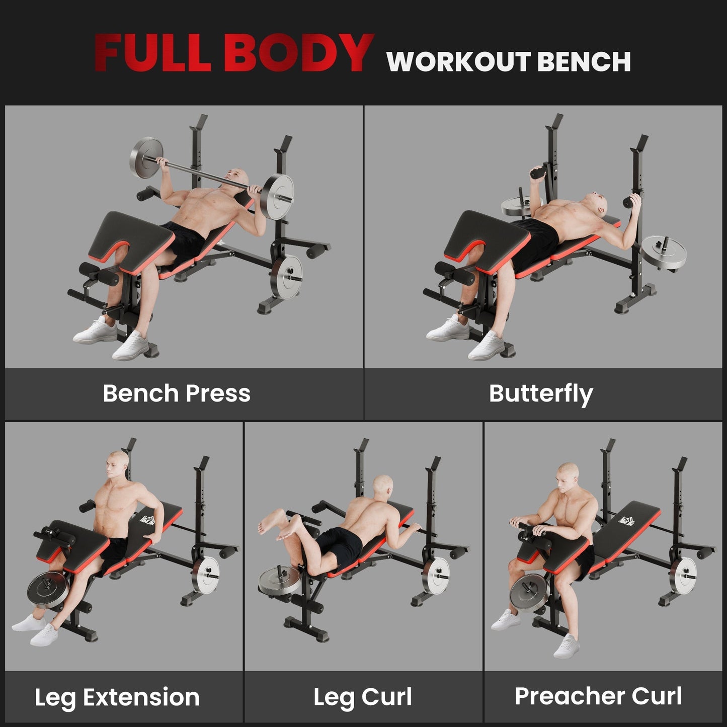 HOMCOM Adjustable Weight Bench with Leg Extension, Barbell Rack, Preacher Curl Pad, Butterfly, Multi-Function Home Gym Bench for Strength Training, Red
