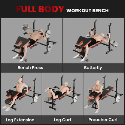 HOMCOM Adjustable Weight Bench with Leg Extension, Barbell Rack, Preacher Curl Pad, Butterfly, Multi-Function Home Gym Bench for Strength Training, Red