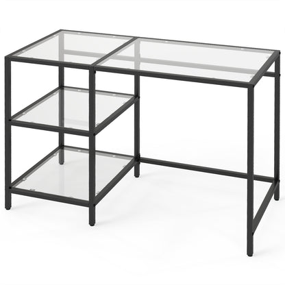 Tempered Glass Computer Desk Modern Office Desk with Open Storage Shelves-Black