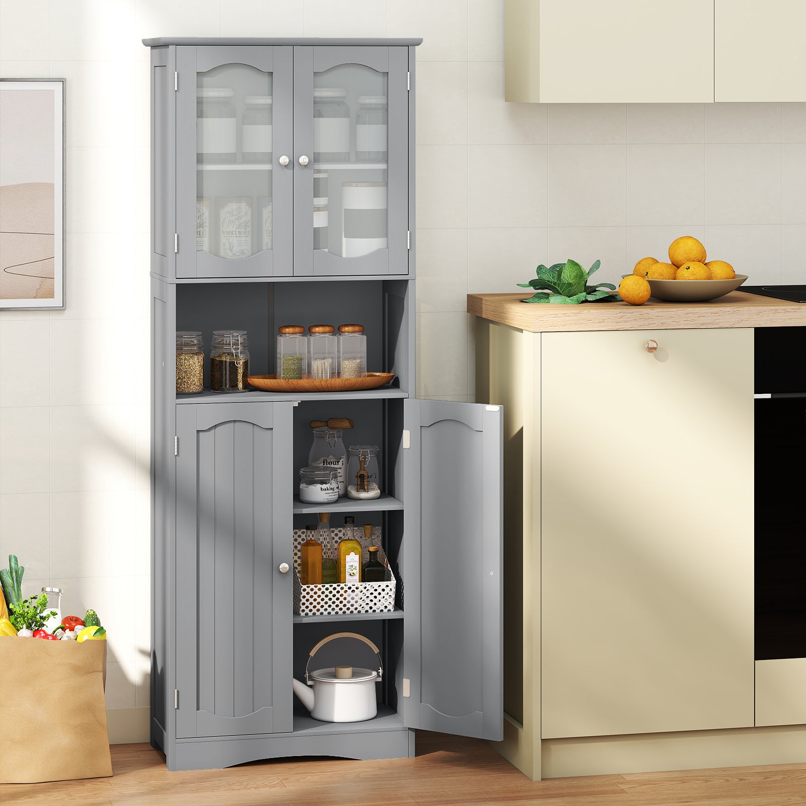 Tempered Glass Door Pantry Cabinet with 3-Position Adjustable Shelves-Grey