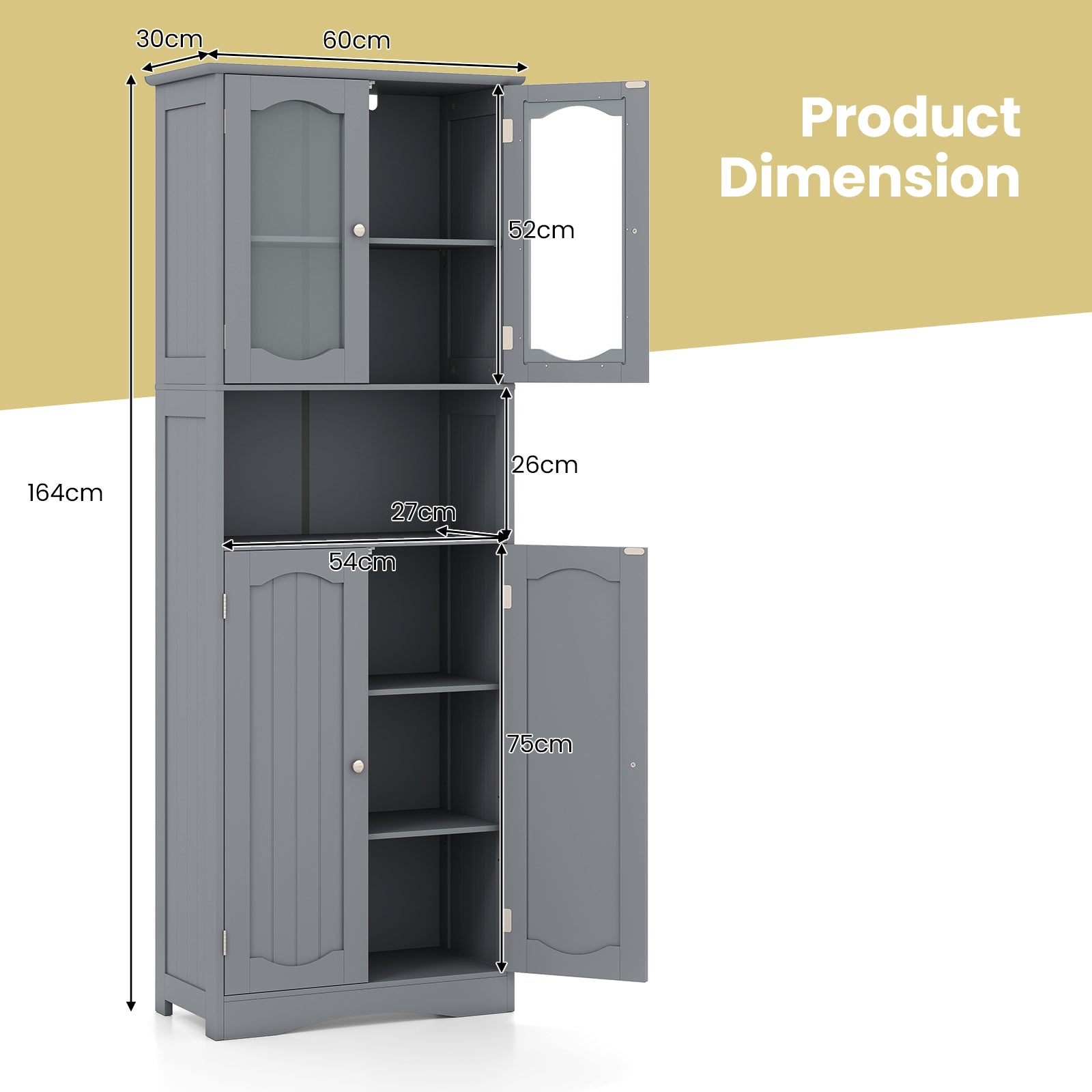 Tempered Glass Door Pantry Cabinet with 3-Position Adjustable Shelves-Grey