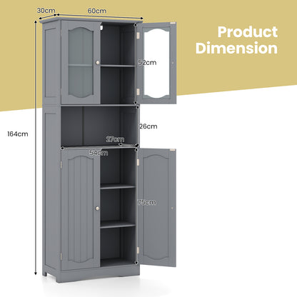 Tempered Glass Door Pantry Cabinet with 3-Position Adjustable Shelves-Grey