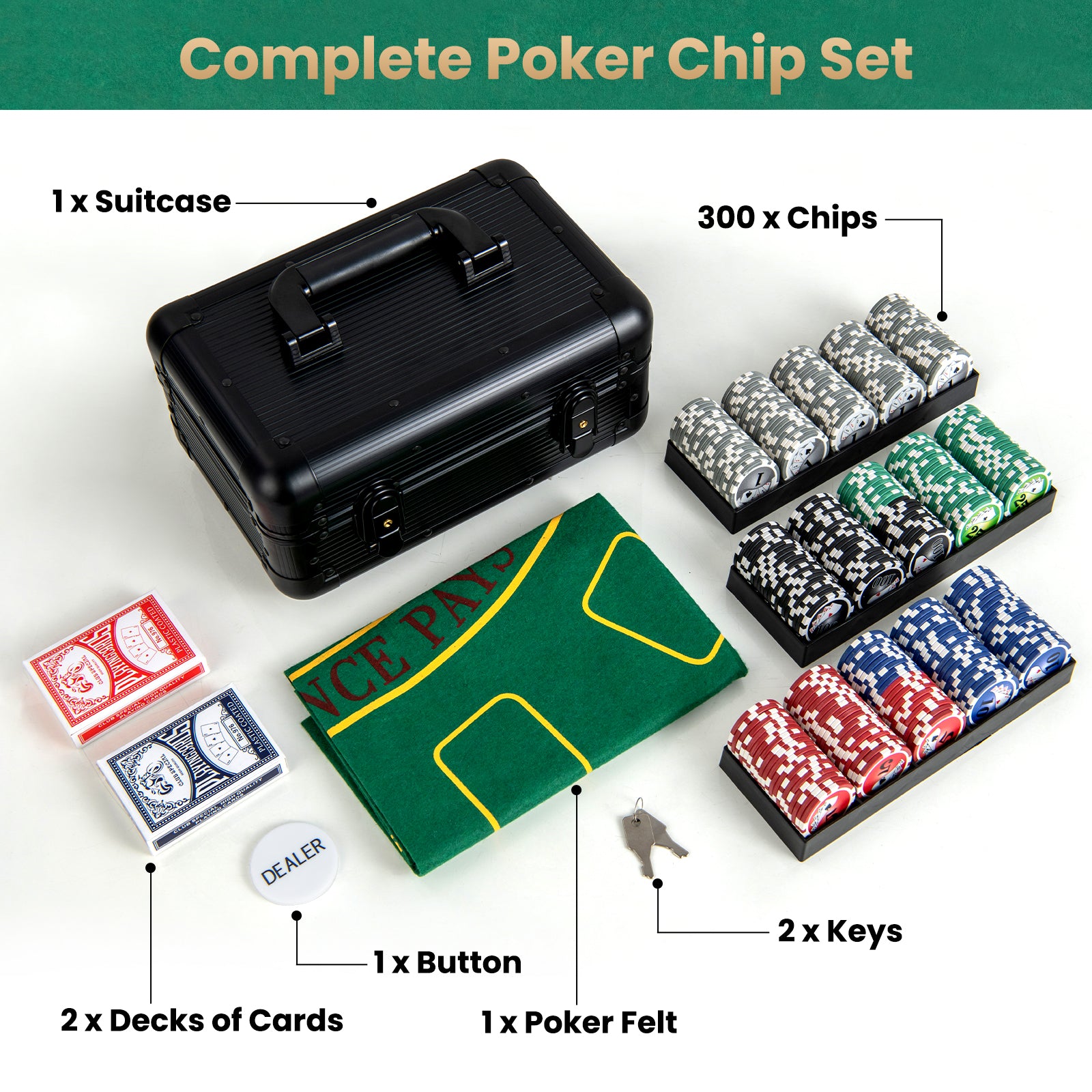 Texas Holdem Poker Chip Set Casino Poker Chips with 300 Pieces Chips-Black